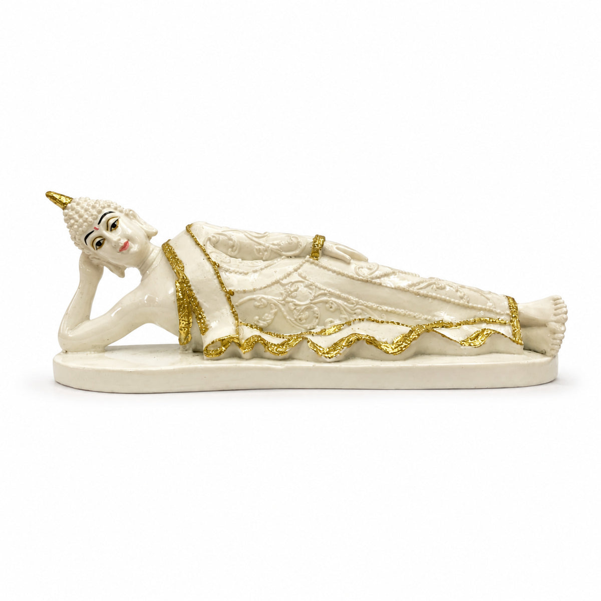 Serene Reclining Buddha Figurine - Pearl White & Gold