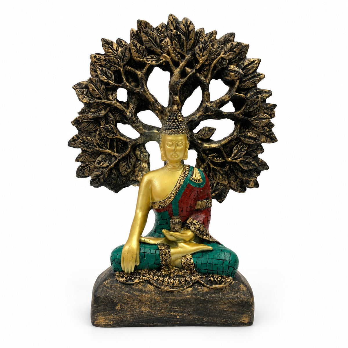 Antique Golden & Emerald Green Meditating Buddha Figurine