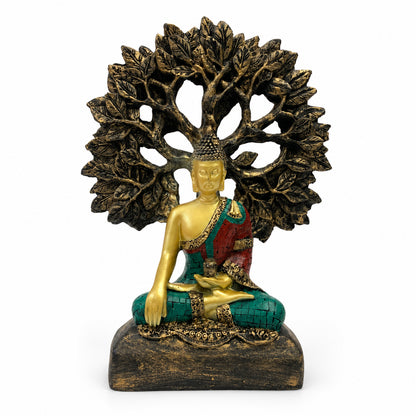 Antique Golden & Emerald Green Meditating Buddha Figurine