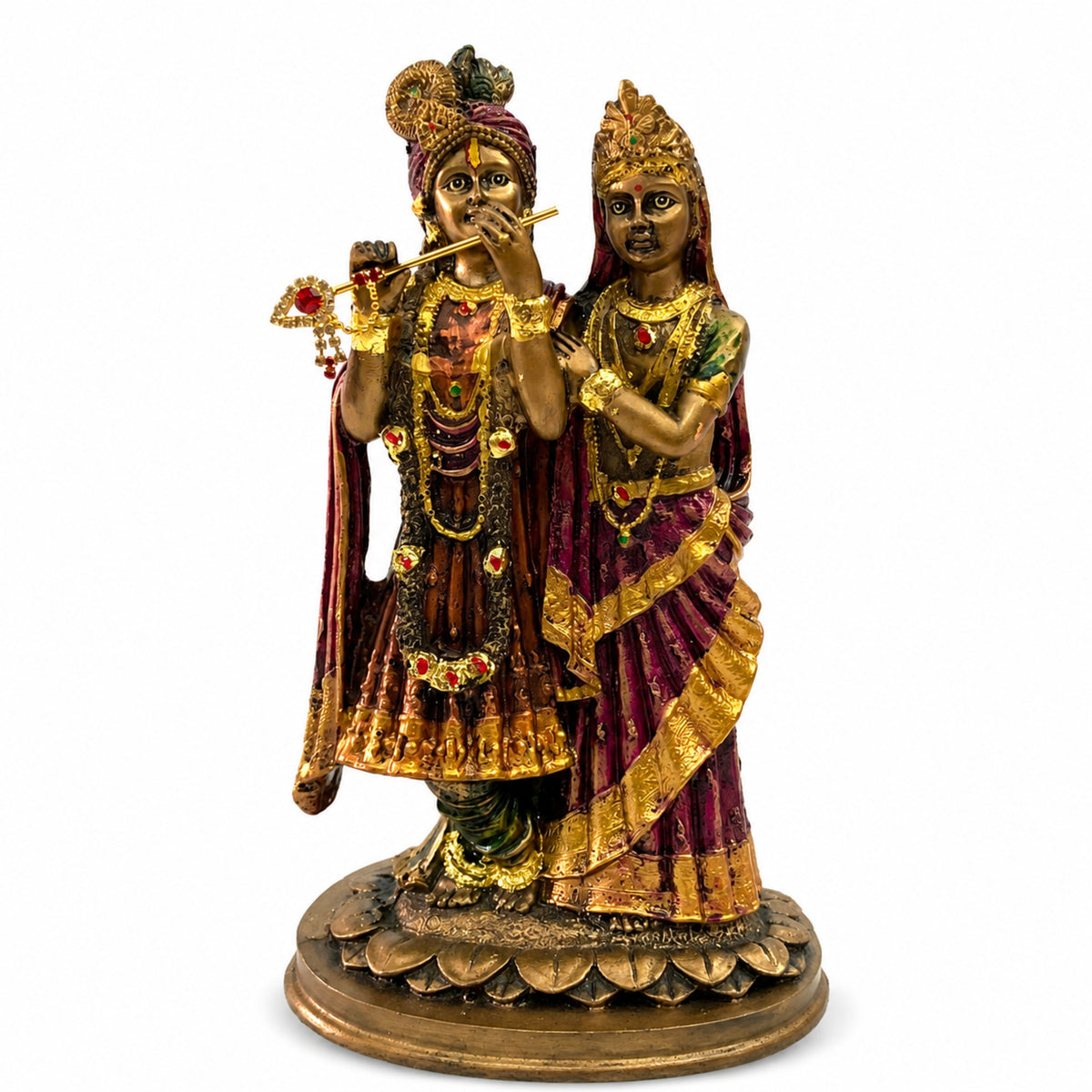 Divine Radha Krishna Embracing Idol - Antique Bronze, Gold & Maroon
