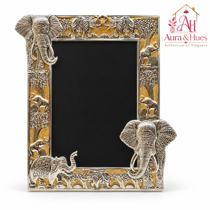 Aura & Hues Traditional Royal Elephant Handcrafted Wooden Photo Frame and Tabletop Desktop Art Decor - Festive Golden Yellow Finish (17.7 x 22.8 cm)