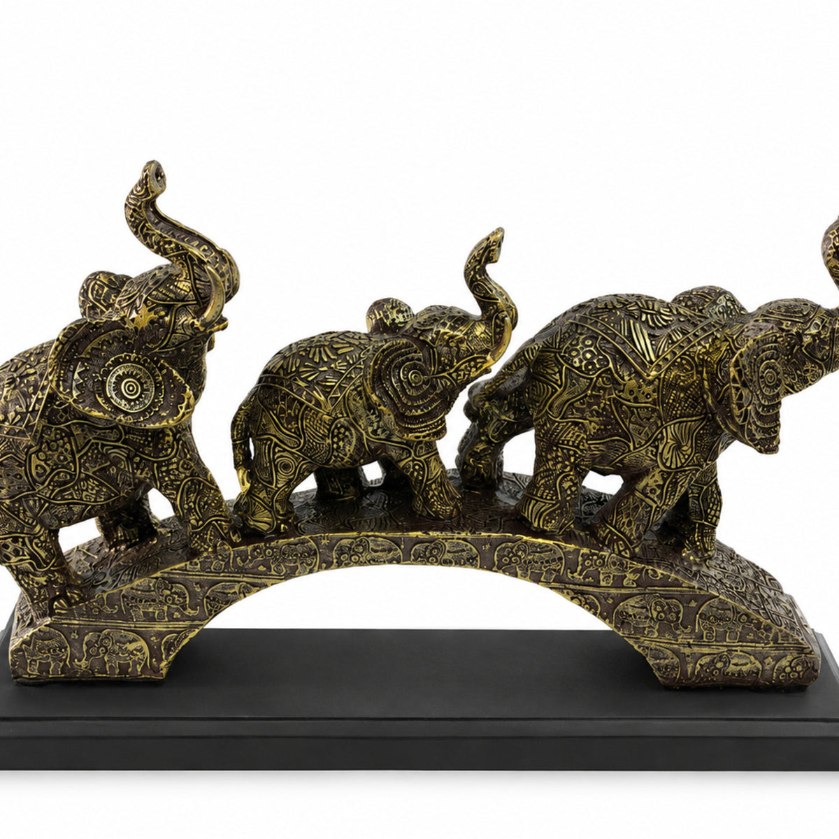 Trio of Lucky Feng Shui Elephants on Base - Antique Silver Bronze