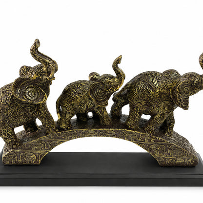 Trio of Lucky Feng Shui Elephants on Base - Antique Silver Bronze