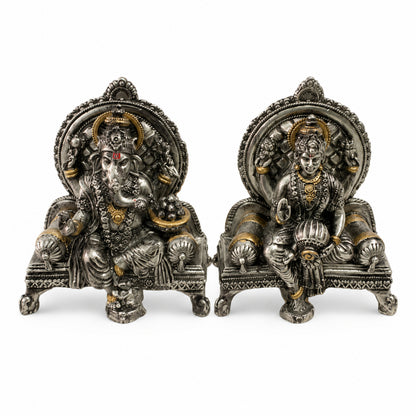 Divine Ganesha & Lakshmi Idol Set with Premium Box - Antique Silver