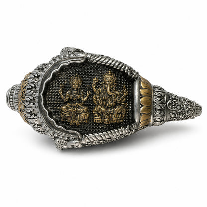 Divine Lakshmi & Ganesha Shankh Duo with Dark Brown Box - Silver & Gold
