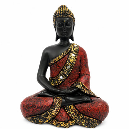 Contemplative Sitting Buddha Statue - Crimson Red & Black