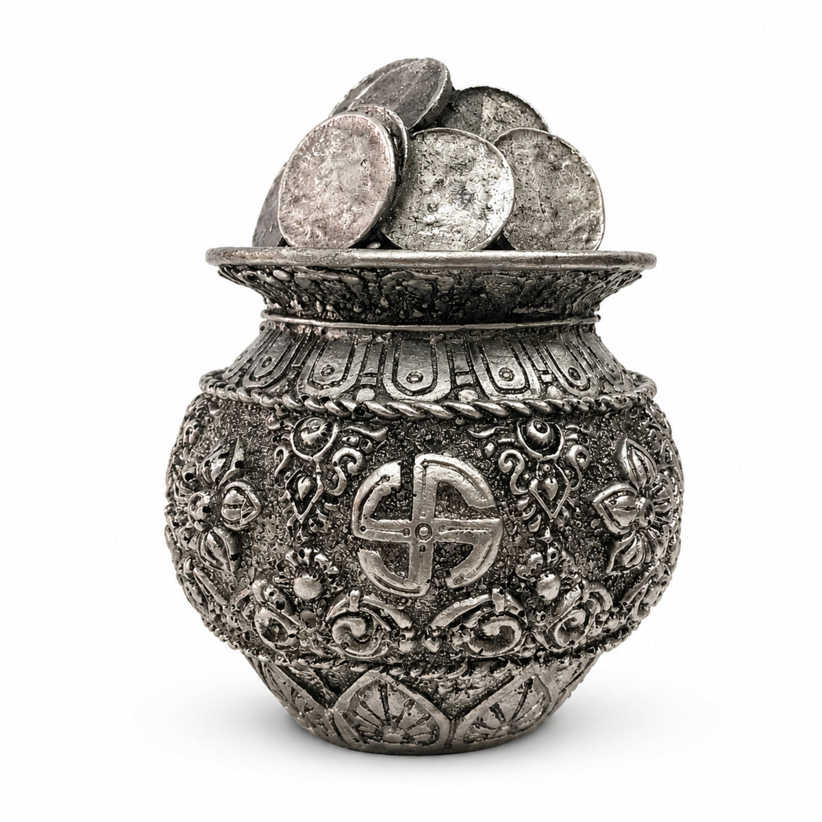 Auspicious Antique Silver Coin Kalash Idol for Pooja & Decor