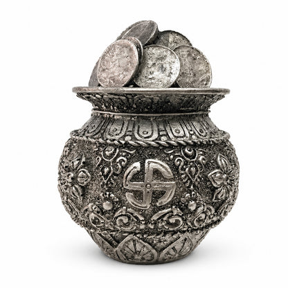 Auspicious Antique Silver Coin Kalash Idol for Pooja & Decor