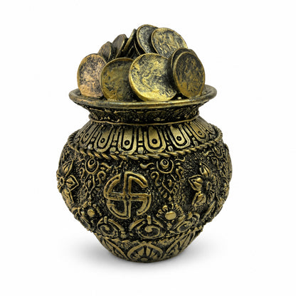 Auspicious Antique Gold Coin Kalash Idol for Pooja & Decor