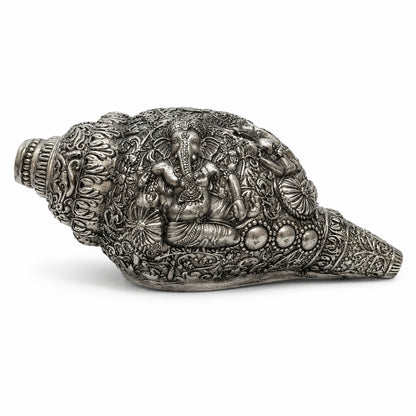 Sacred Divine Ganesha Shankh with Dark Brown Display Box - Silver
