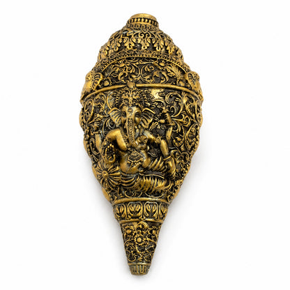 Sacred Divine Ganesha Shankh with Dark Brown Display Box - Antique Gold