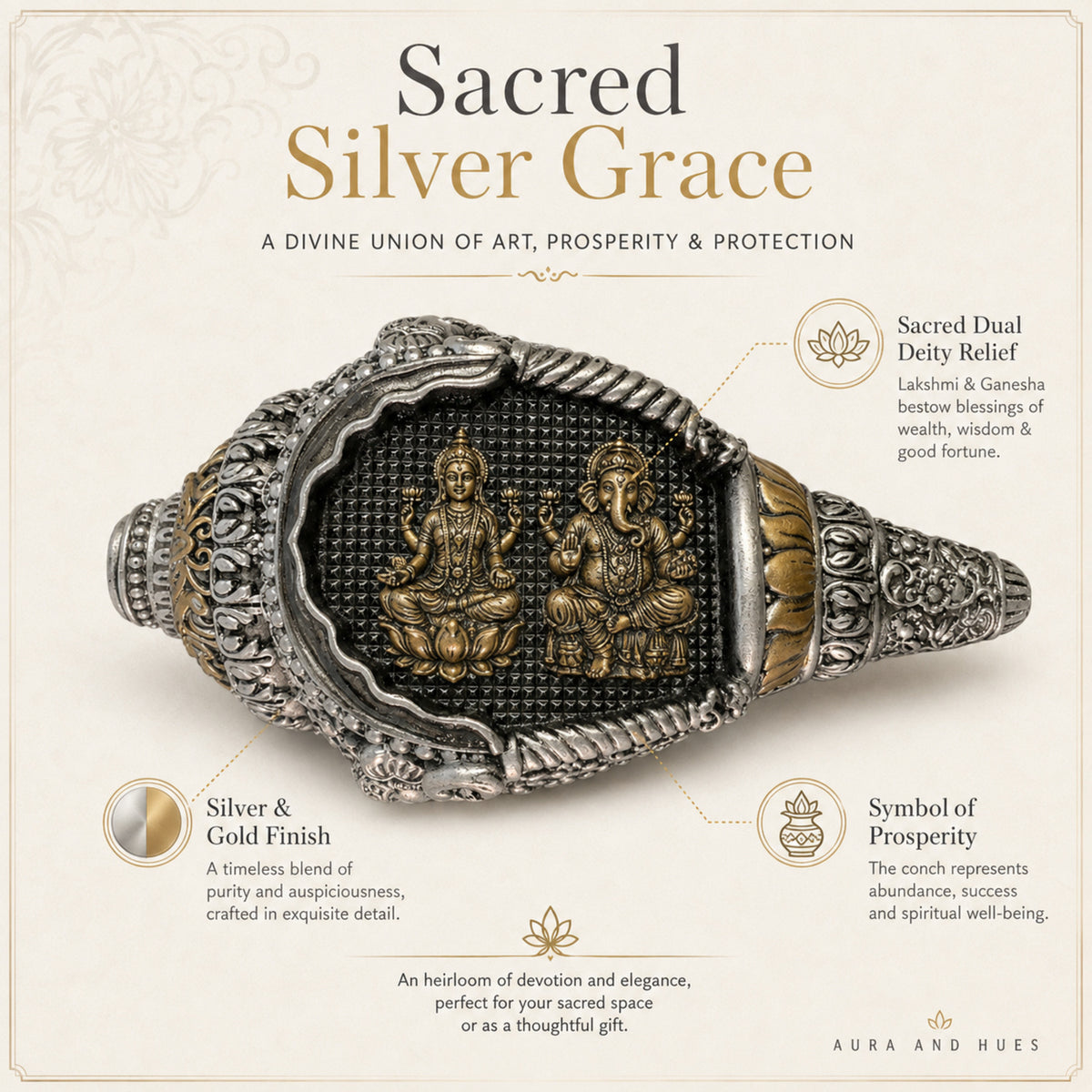 Divine Lakshmi & Ganesha Shankh Duo with Dark Brown Box - Silver & Gold