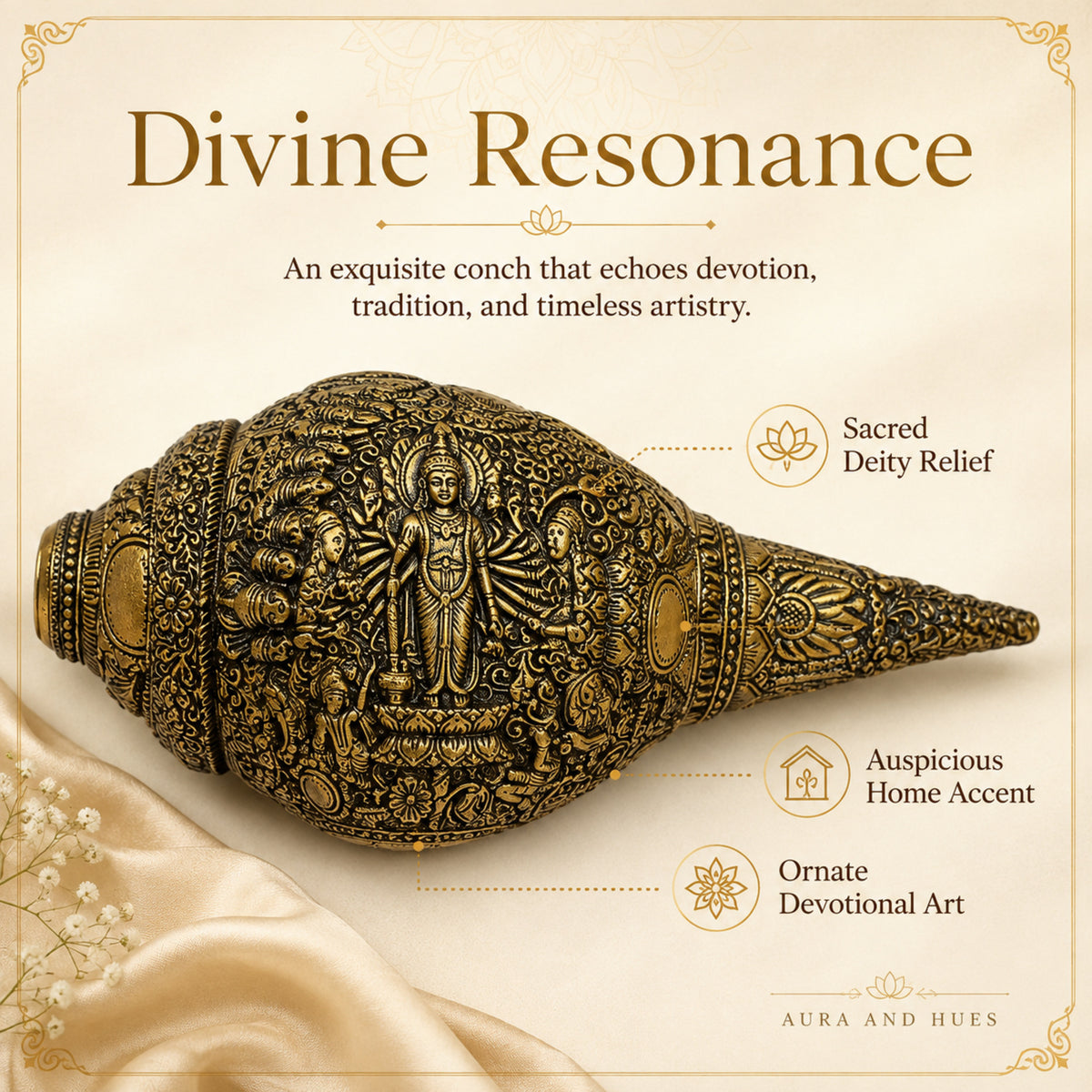 Sacred Lord Vishnu Shankh with Dark Brown Display Box - Antique Gold