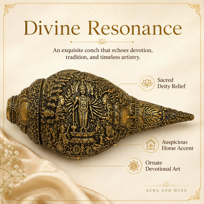 Sacred Lord Vishnu Shankh with Dark Brown Display Box - Antique Gold