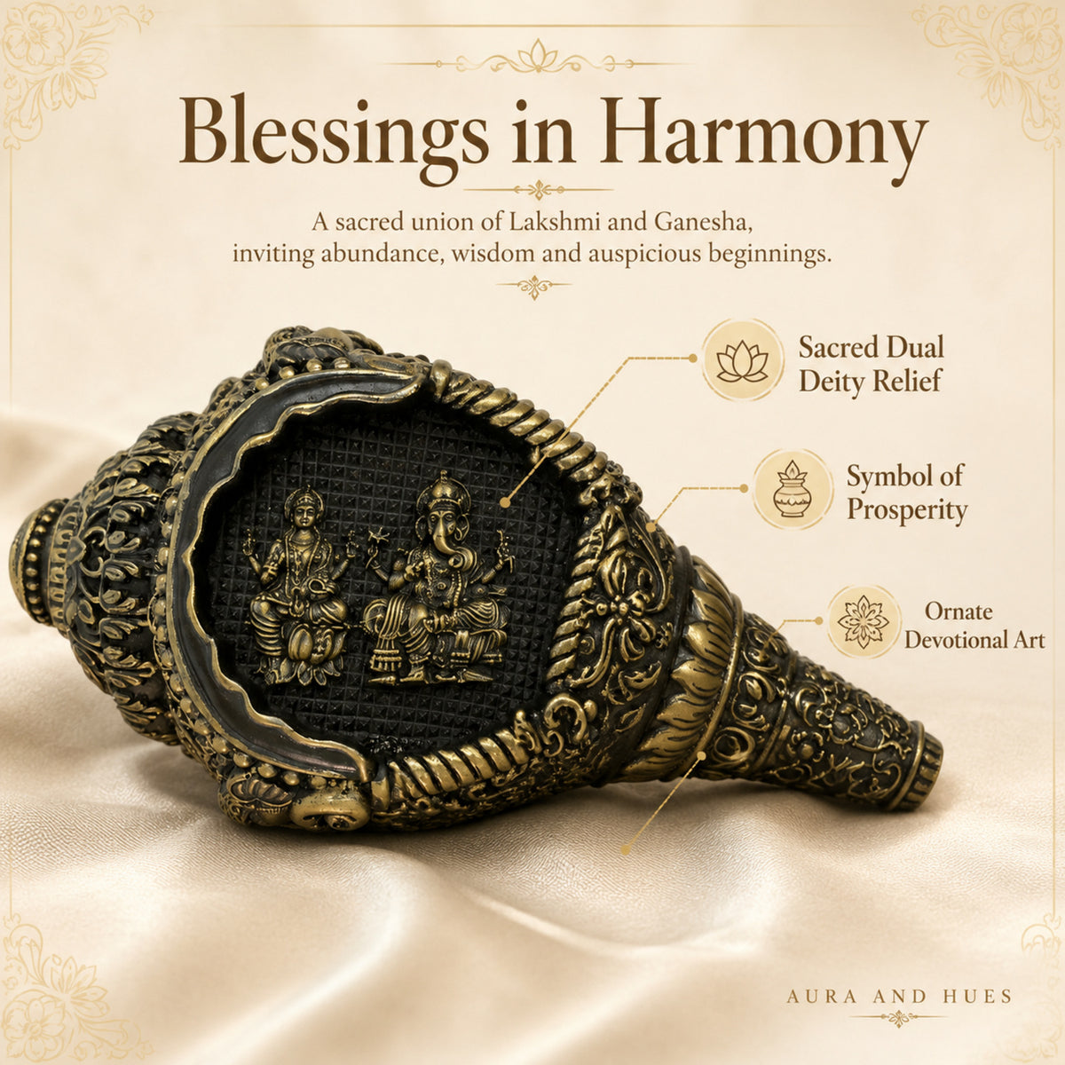 Lakshmi & Ganesha Shankh Duo with Dark Brown Box - Antique Gold