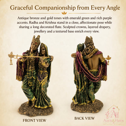 Ornate Divine Radha Krishna Statue - Antique Gold, Emerald Green & Maroon