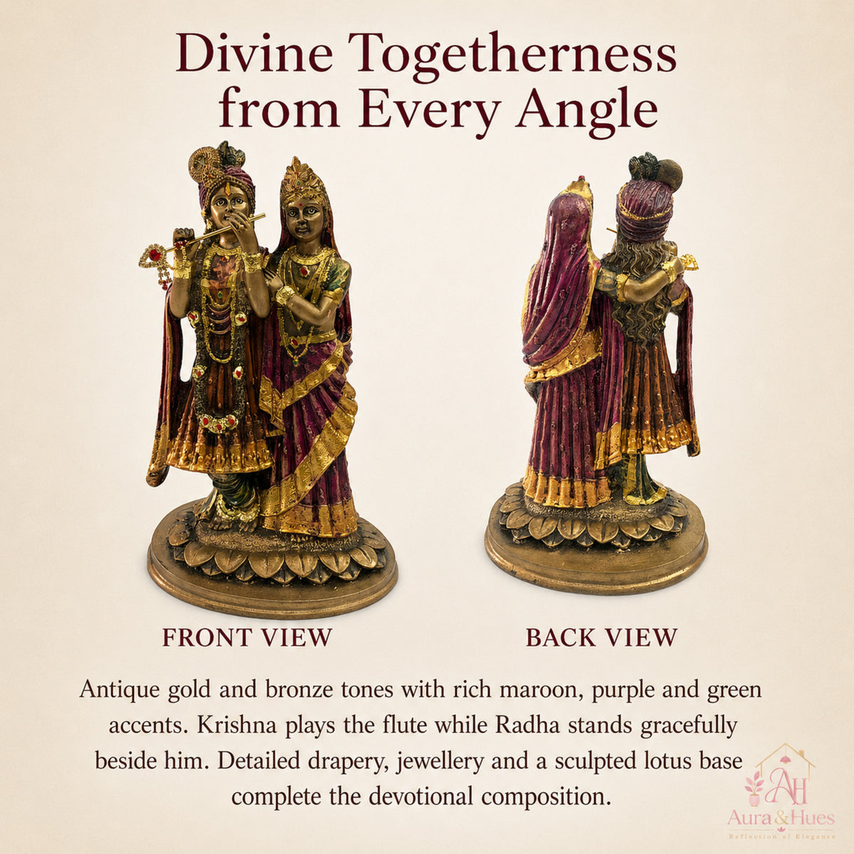 Divine Radha Krishna Embracing Idol - Antique Bronze, Gold & Maroon