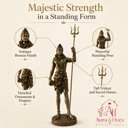 Majestic Standing Lord Shiva Sculpture - Metallic Bronze, Gold & Maroon