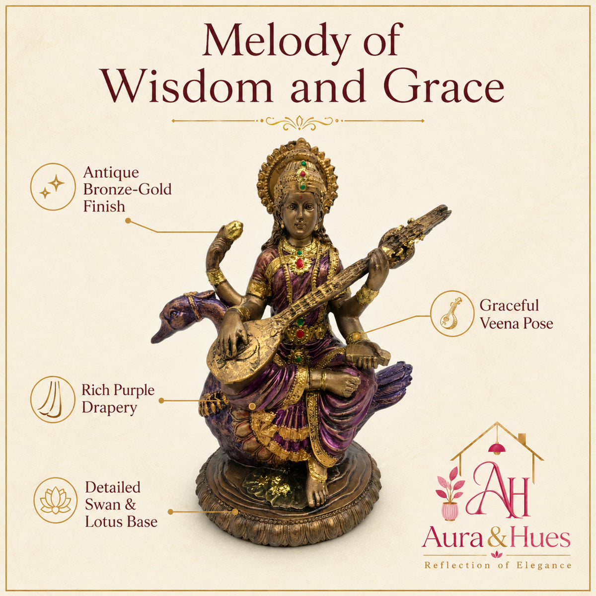 Divine Goddess Saraswati Idol with Veena - Antique Bronze, Gold & Violet