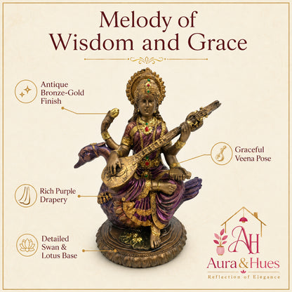 Divine Goddess Saraswati Idol with Veena - Antique Bronze, Gold & Violet