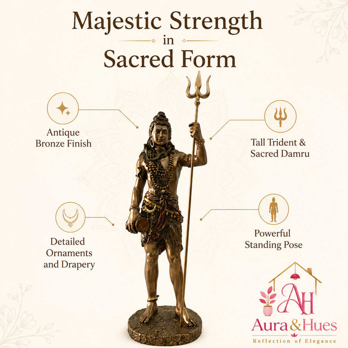 Grand Temple-Style Standing Lord Shiva Statue, 66 cm - Bronze, Gold & Maroon