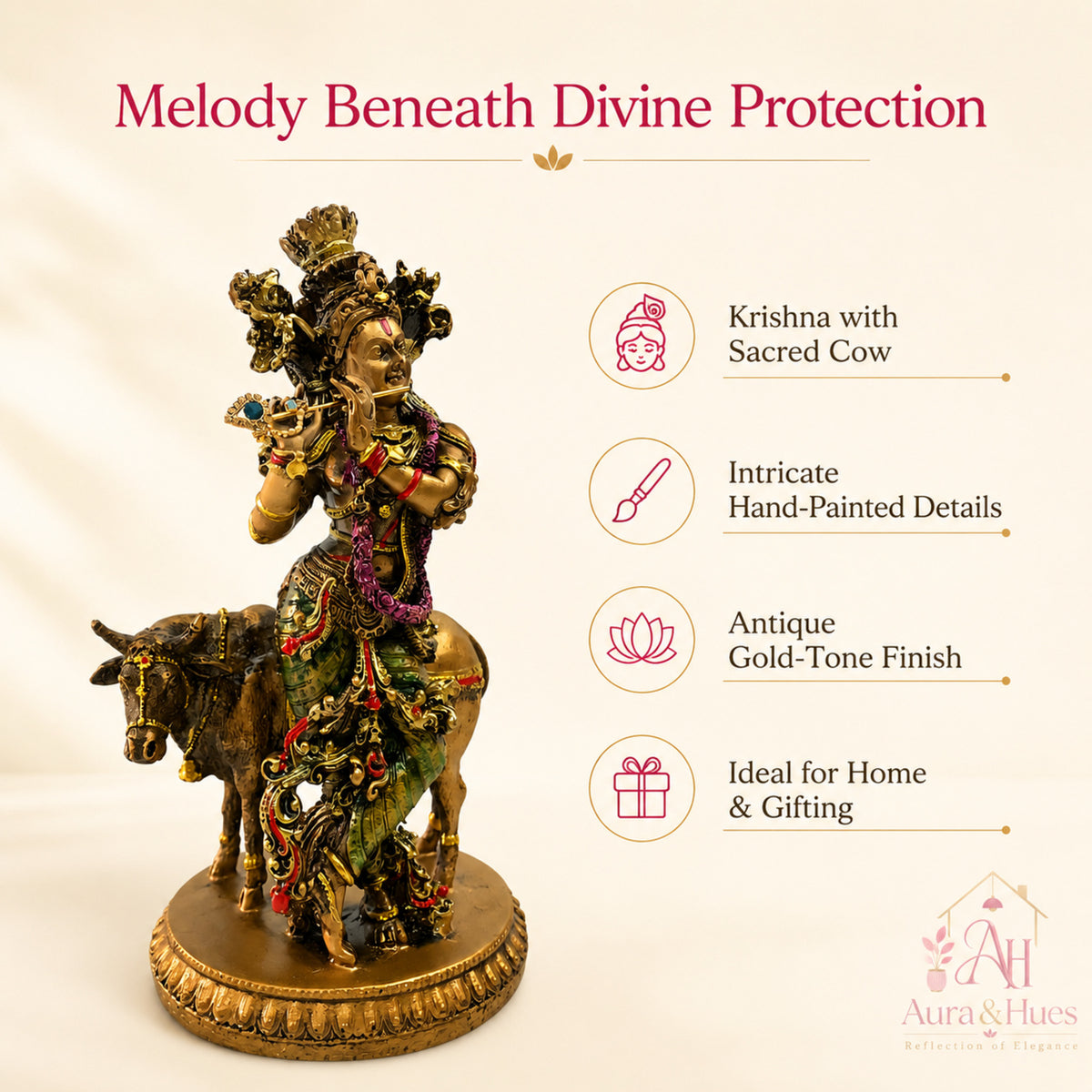 Sacred Lord Krishna with Sacred Kamadhenu Cow Idol - Antique Bronze & Multi-Tone