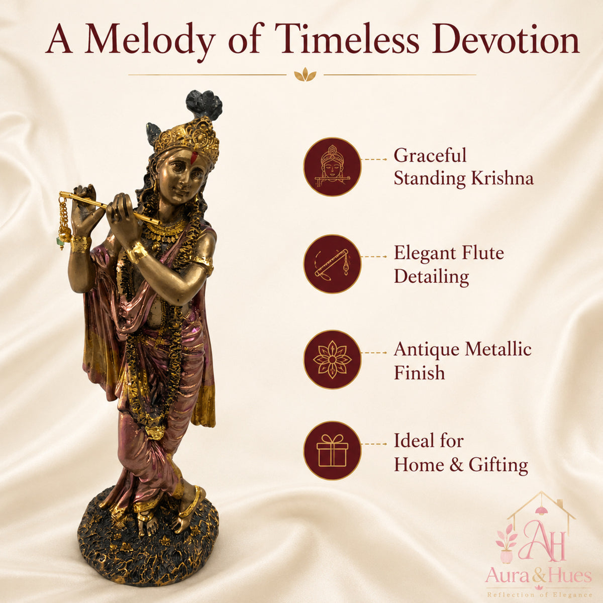 Graceful Lord Krishna Figurine - Antique Rose Gold