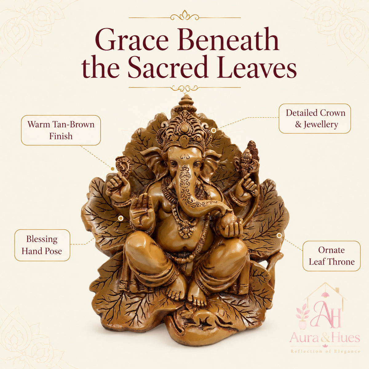 Artisanal Patta Ganesha Idol on Peepal Leaf - Matte Earthy Brown (Medium)