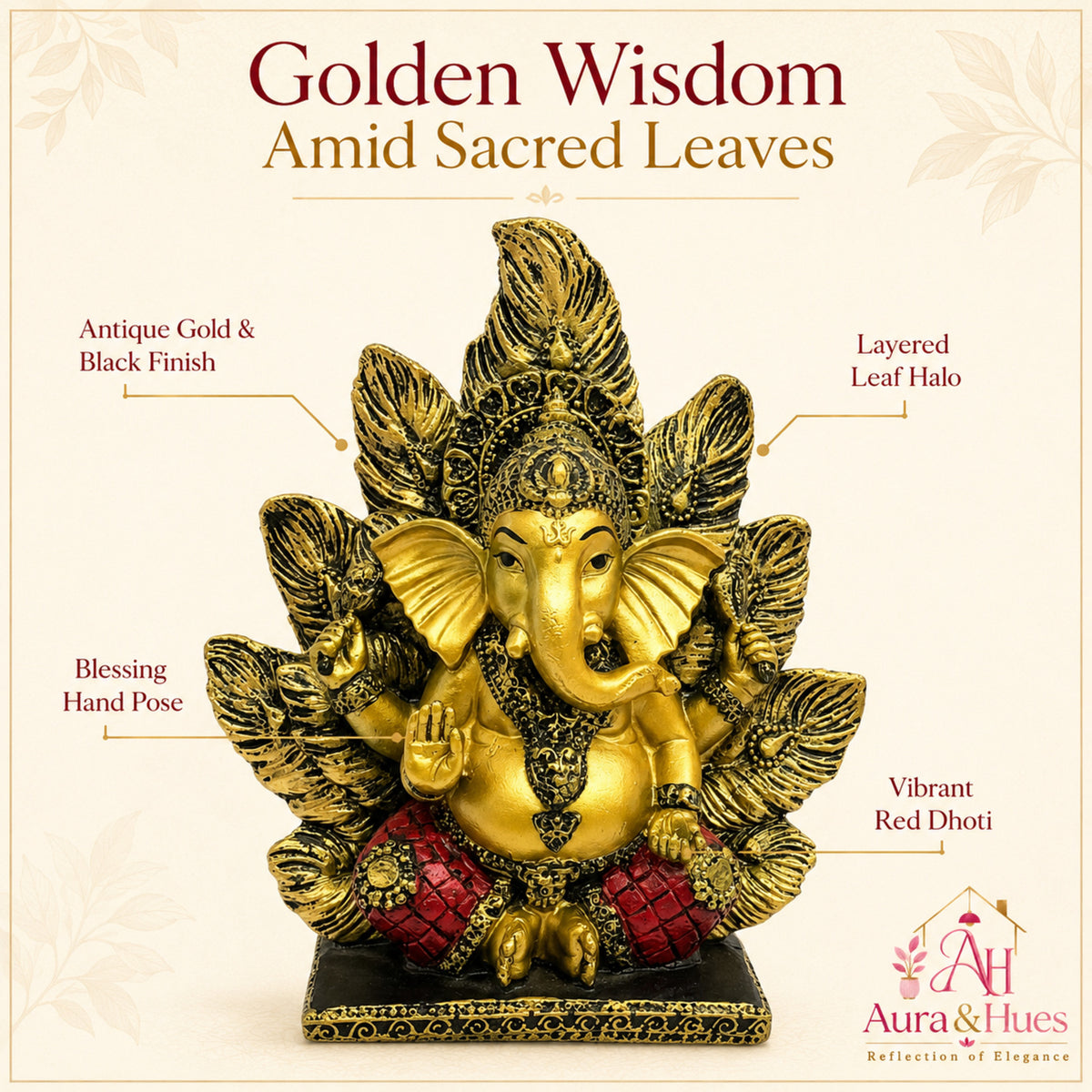 Artisanal Patta Ganesha Idol on Peepal Leaf - Antique Gold & Rich Maroon