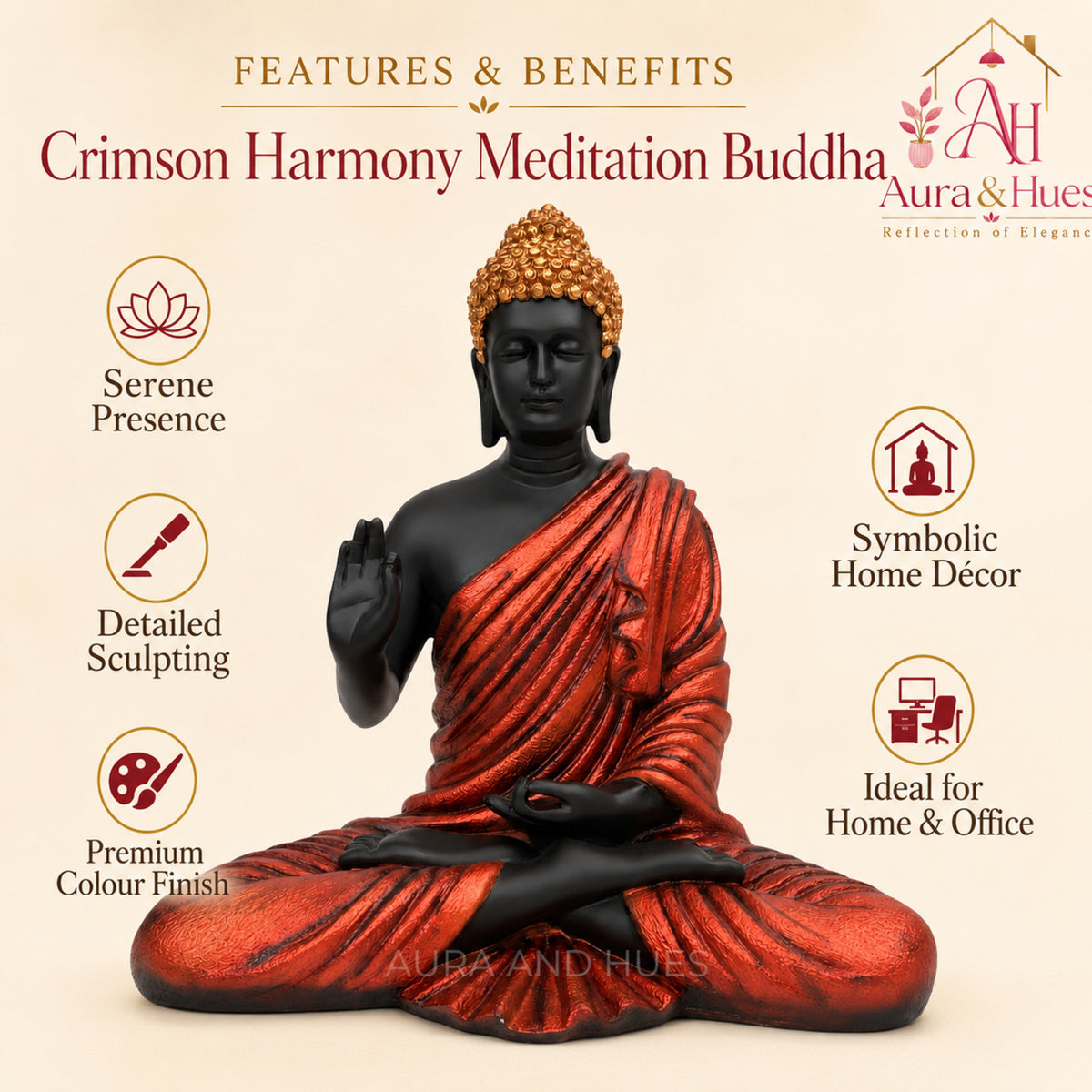 Meditating Dhyana Buddha Idol - Midnight Black & Orange