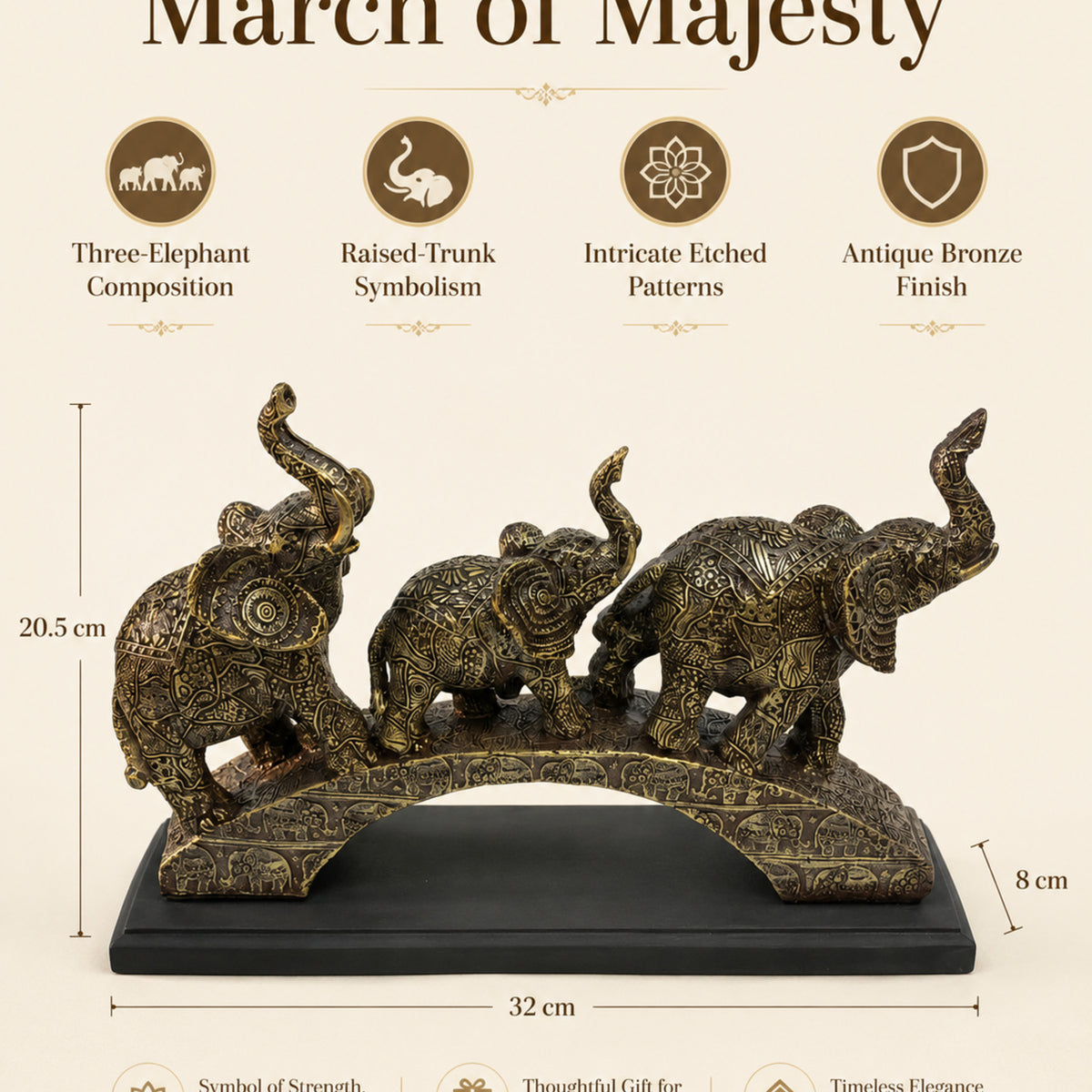 Trio of Lucky Feng Shui Elephants on Base - Antique Silver Bronze
