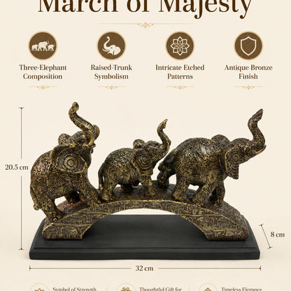 Trio of Lucky Feng Shui Elephants on Base - Antique Silver Bronze