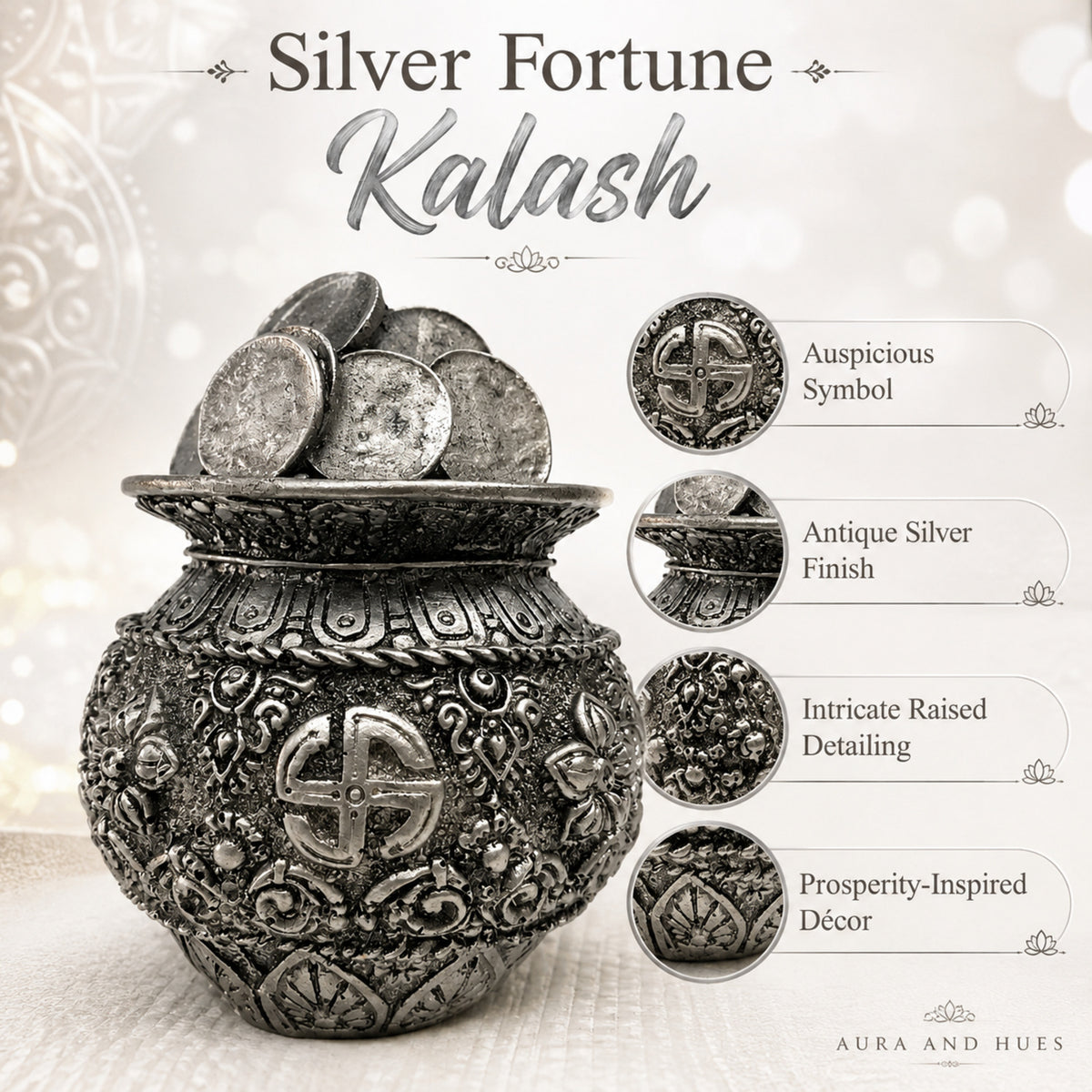 Auspicious Antique Silver Coin Kalash Idol for Pooja & Decor