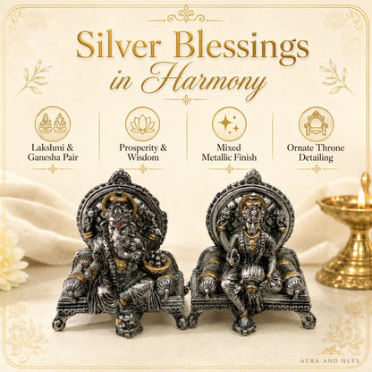 Divine Ganesha & Lakshmi Idol Set with Premium Box - Antique Silver