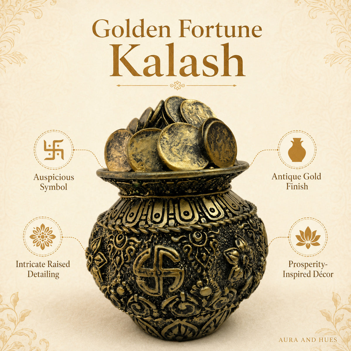 Auspicious Antique Gold Coin Kalash Idol for Pooja & Decor