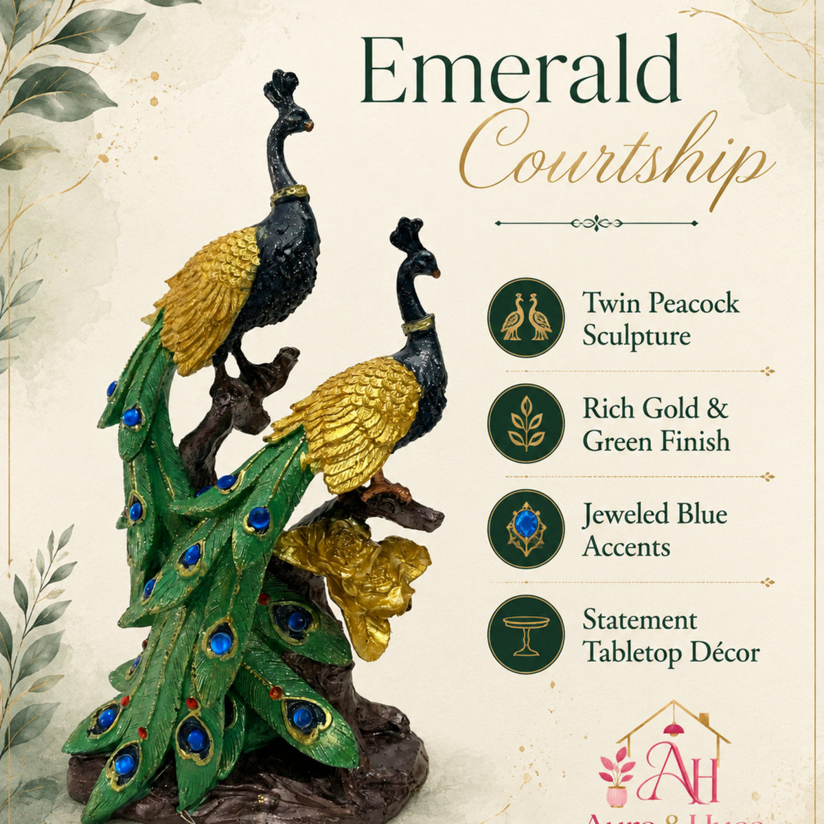 Abstract Upward Spiral Flame Figurine - Gold & Emerald Green