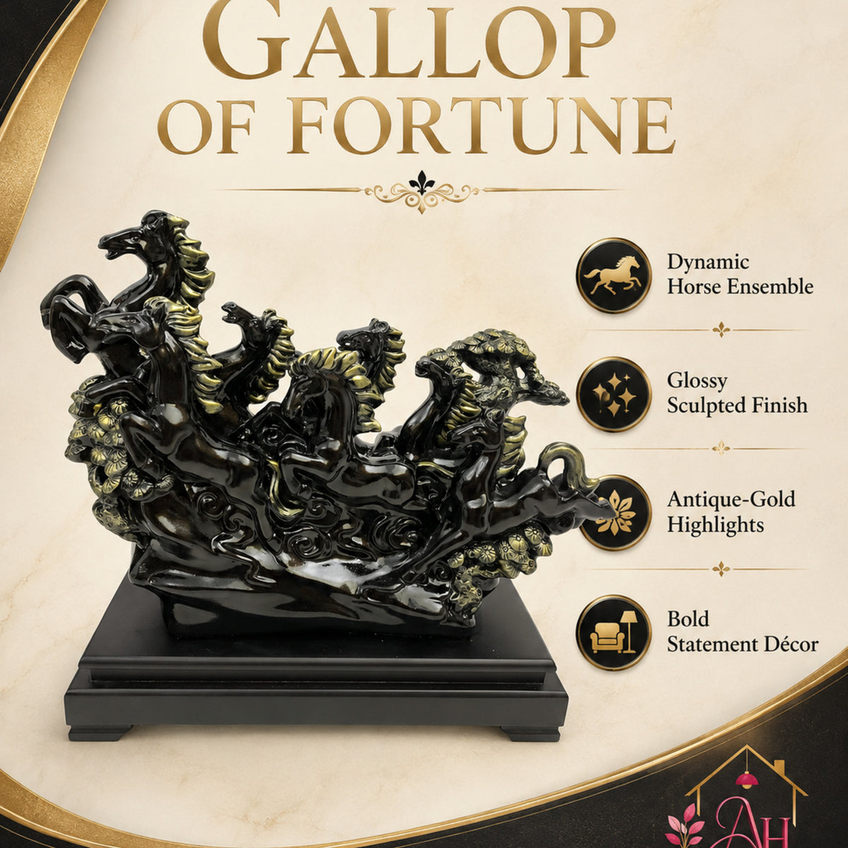 Vastu Regal Rearing Stallion Figurine - Antique Black & Black Base