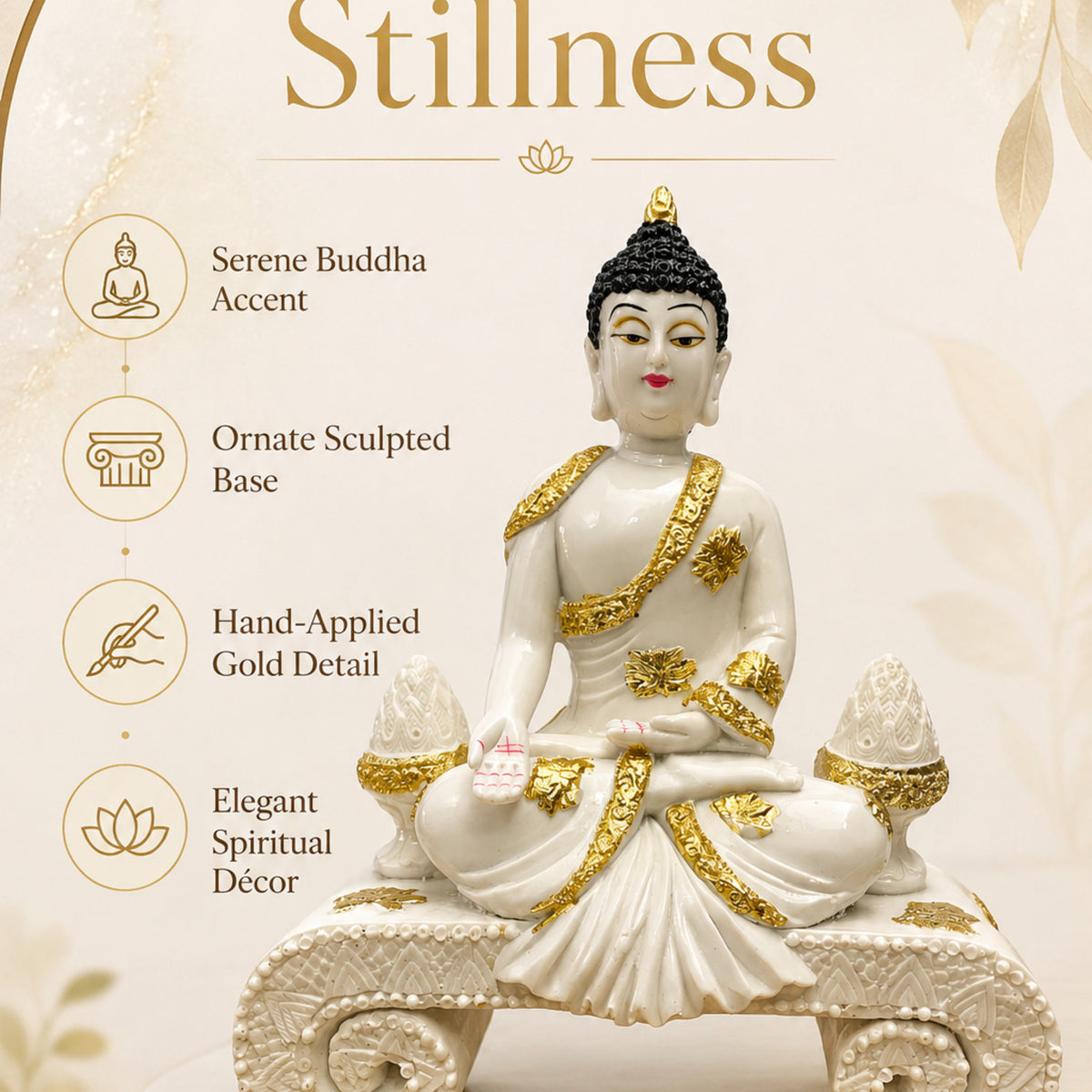 Serene Seated Buddha with Mudra - Pearl White & Gold