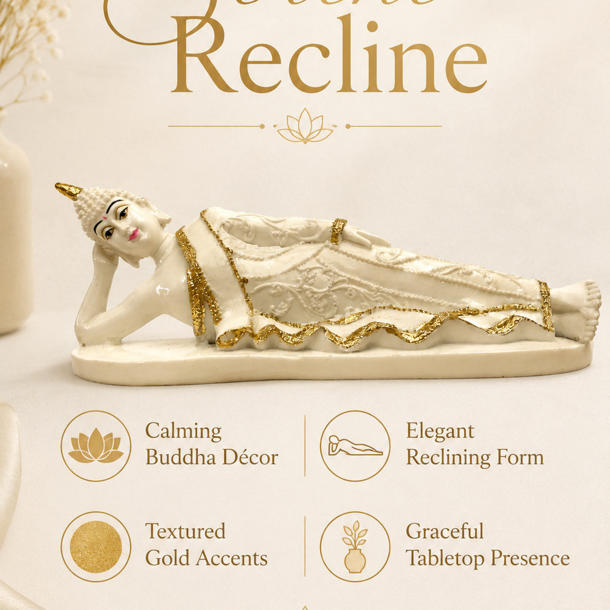 Serene Reclining Buddha Figurine - Pearl White & Gold
