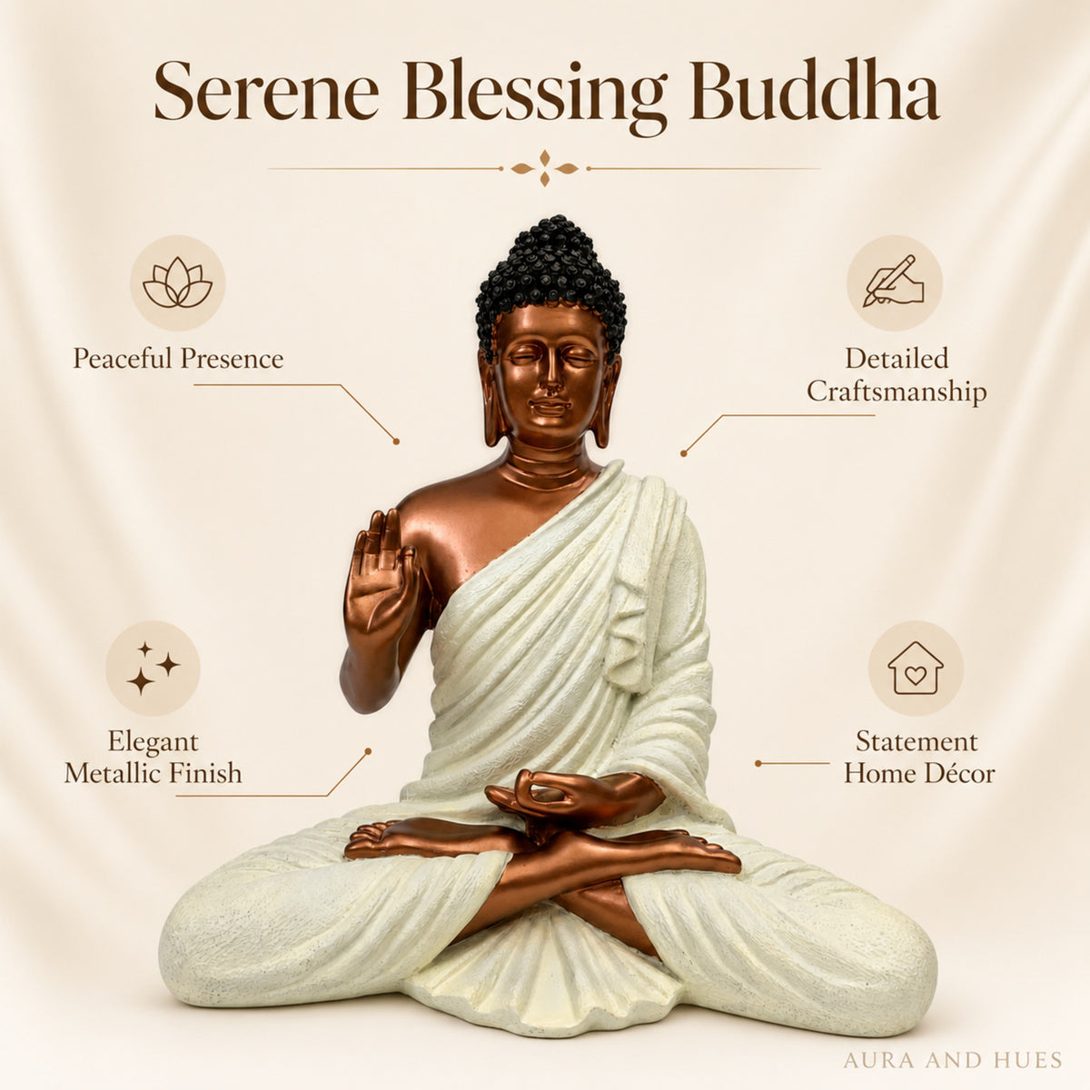 Meditating Dhyana Buddha Idol - Metallic Copper & Cream