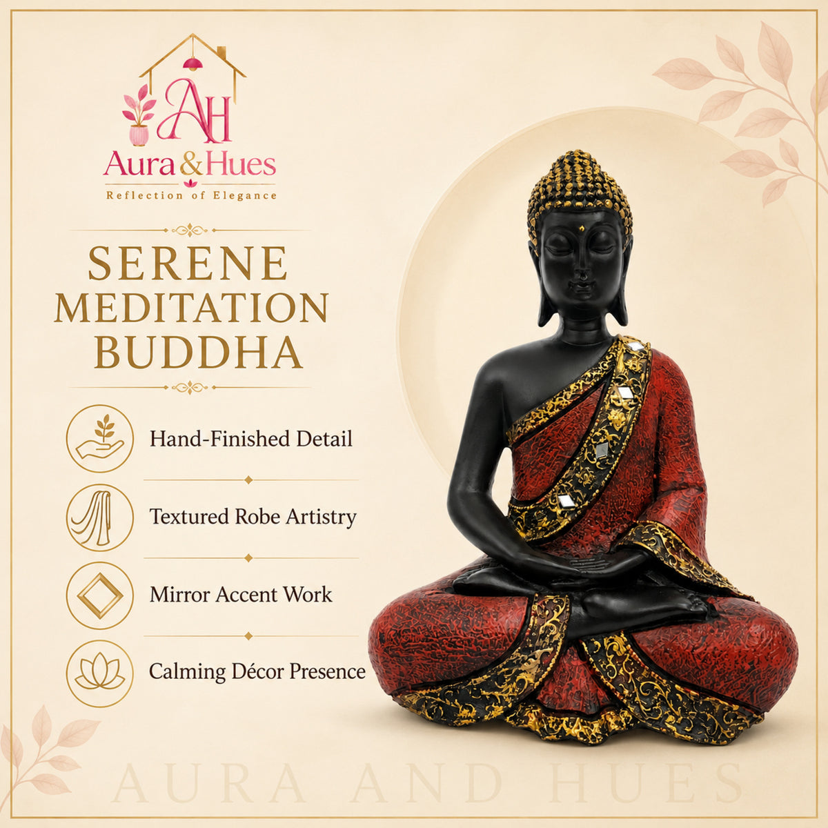 Contemplative Sitting Buddha Statue - Crimson Red & Black