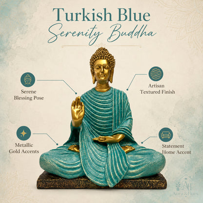 Serene Blessing Buddha Statue - Metallic Gold & Turkish Blue