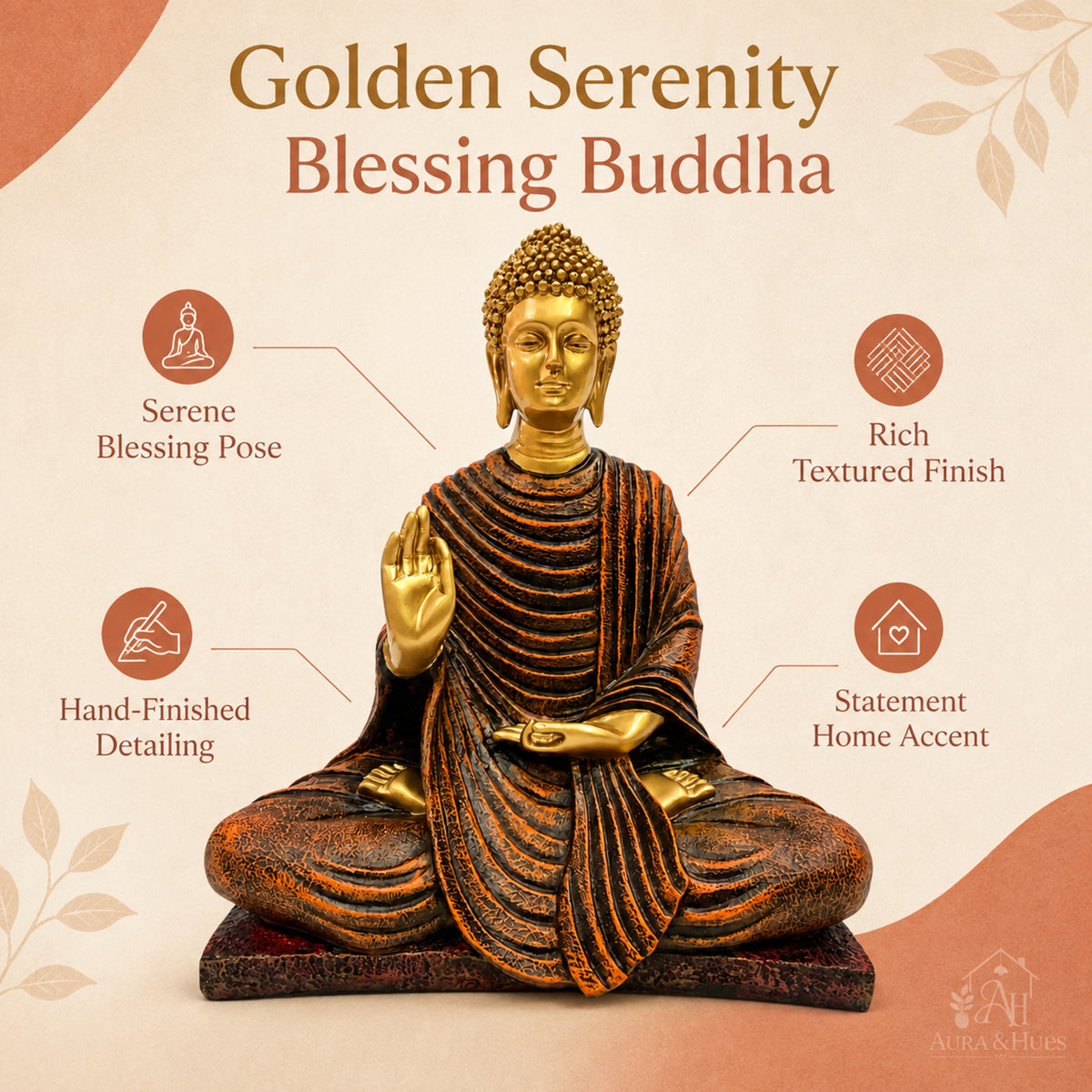 Serene Blessing Buddha Statue - Gold, Dark Brown & Terracotta