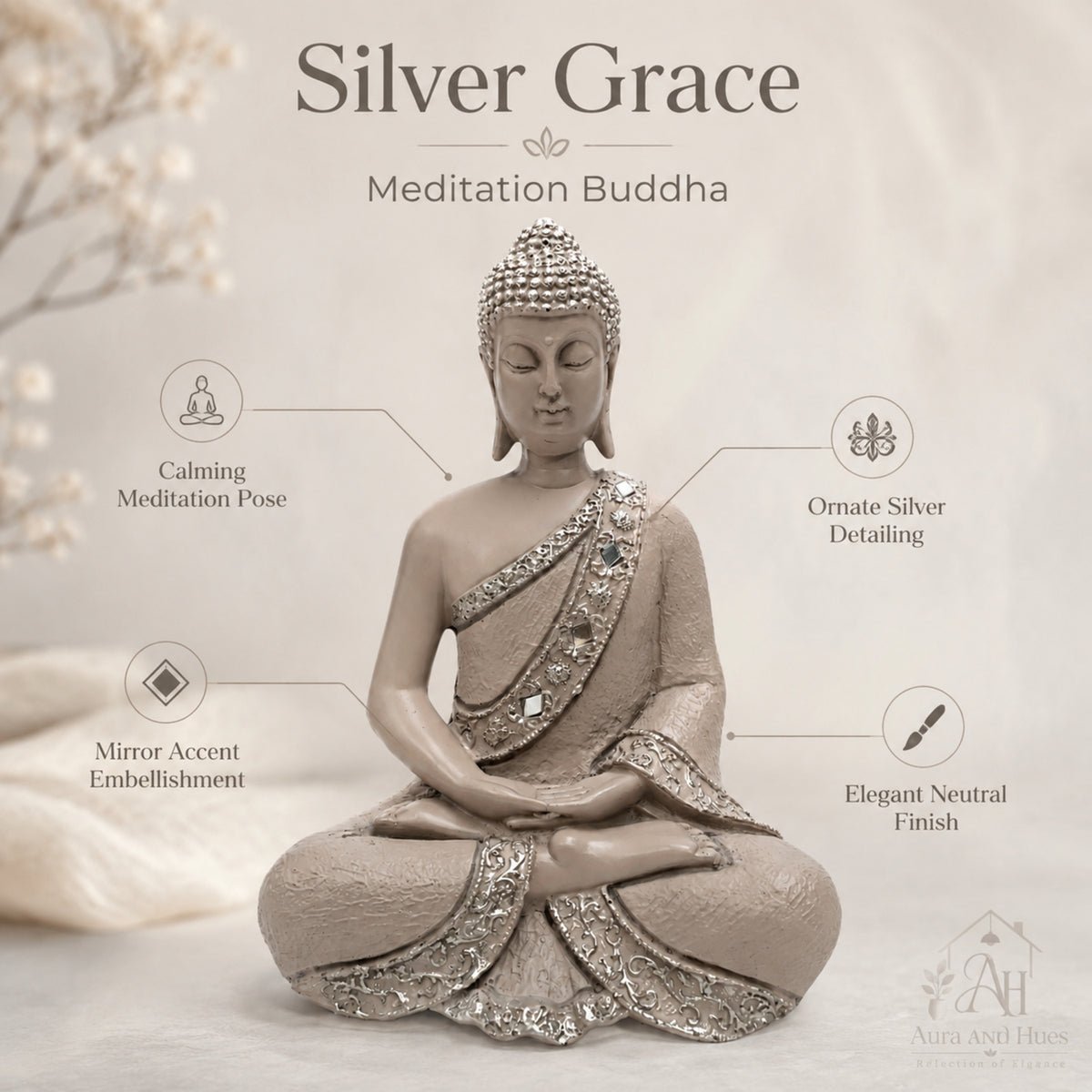 Contemplative Sitting Buddha Statue - Beige Gray