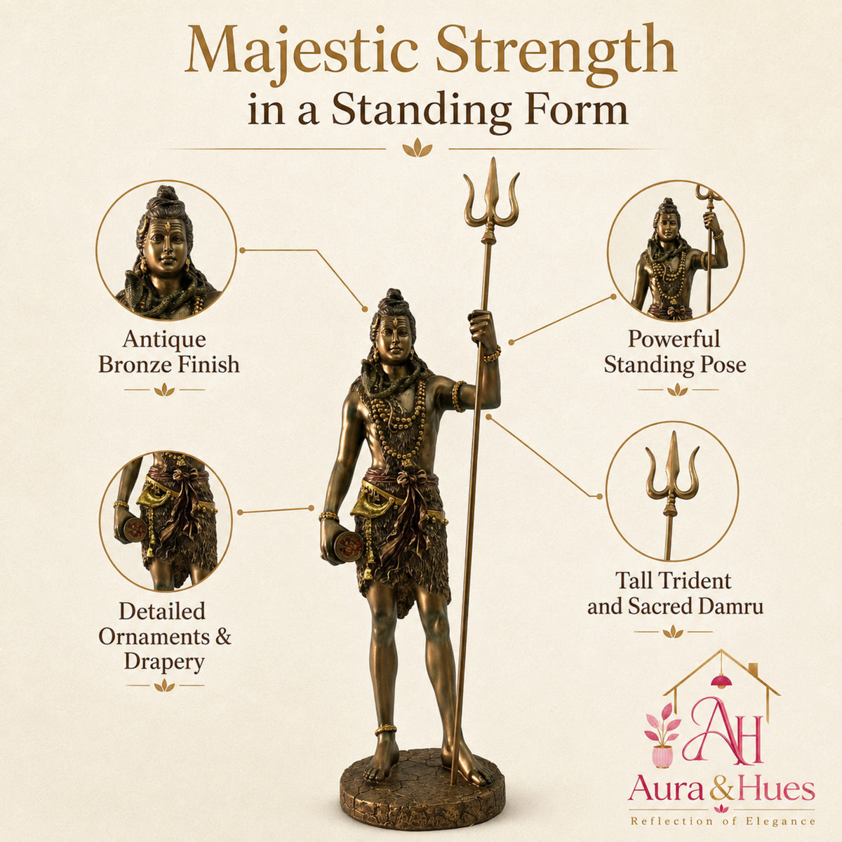 Majestic Standing Lord Shiva Sculpture - Metallic Bronze, Gold & Maroon