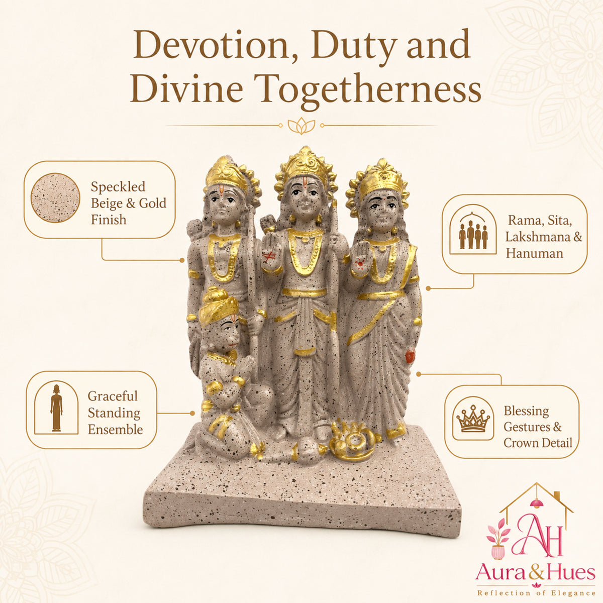 Sacred Stone-Finish Shri Ram Darbar Idol - Pinkish Beige & Gold
