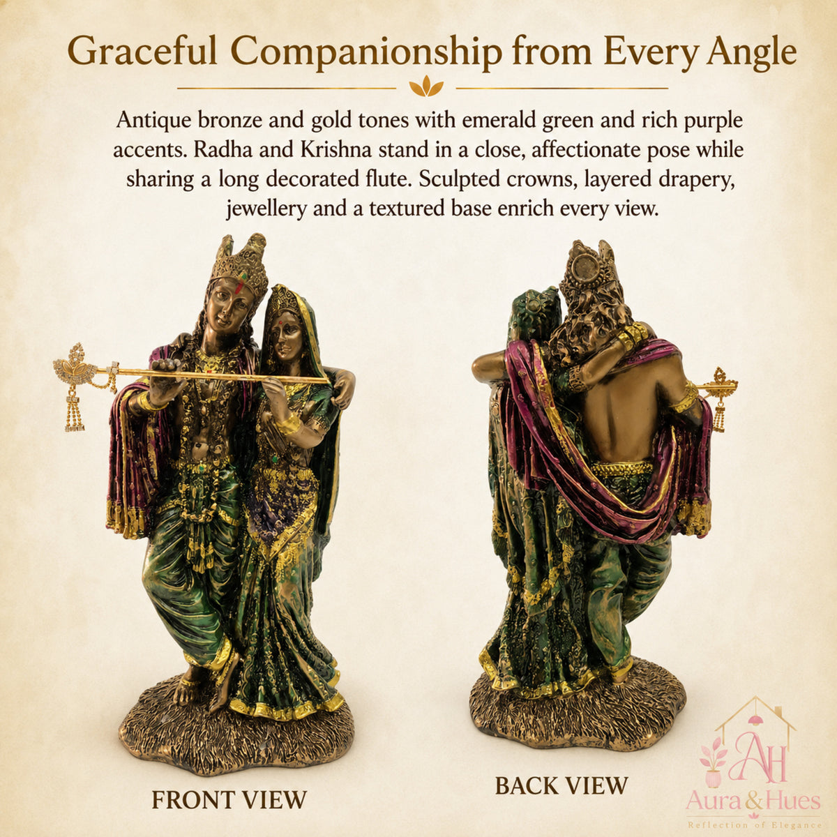 Ornate Divine Radha Krishna Statue - Antique Gold, Emerald Green & Maroon