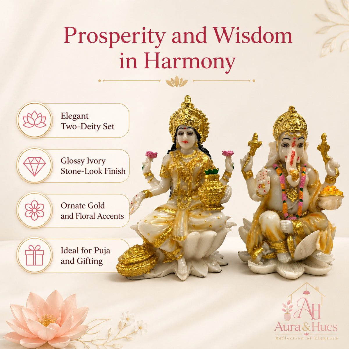 Auspicious Lakshmi Ji & Ganesha Ji Statues Set - Pristine White & Gold