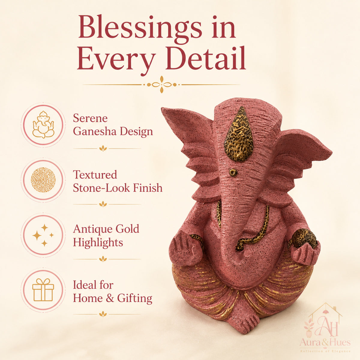 Auspicious Lord Ganesha with Flute Idol - Dusty Rose Gold