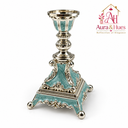 Aura & Hues Modern Geometric Square Pillar Candle Stand and Lantern Holder - Handcrafted Metal Centerpiece in Pastel Light Blue (9.5 x 15 cm)
